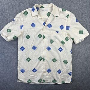 Zara Shirt Mens Small White Green Blue Geometric Short Sleeve Button Up Casual
